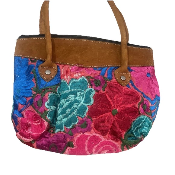 Boho Embroidered Floral Suede Brown Shoulder Handbag Purse Pink Blue Red Green - Picture 1 of 5
